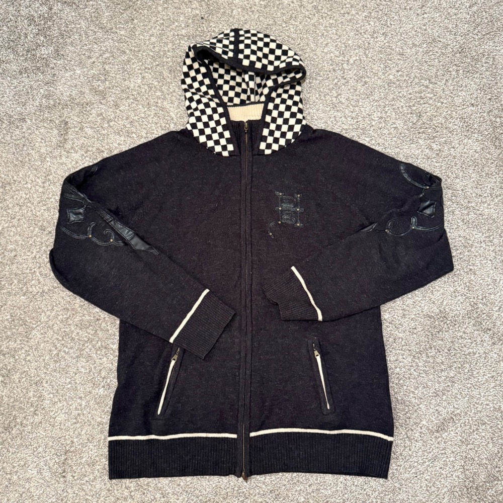 Ed Hardy Vintage Y2K Cashmere Wool Zip Hoodie Panther Checkerboard Black XL